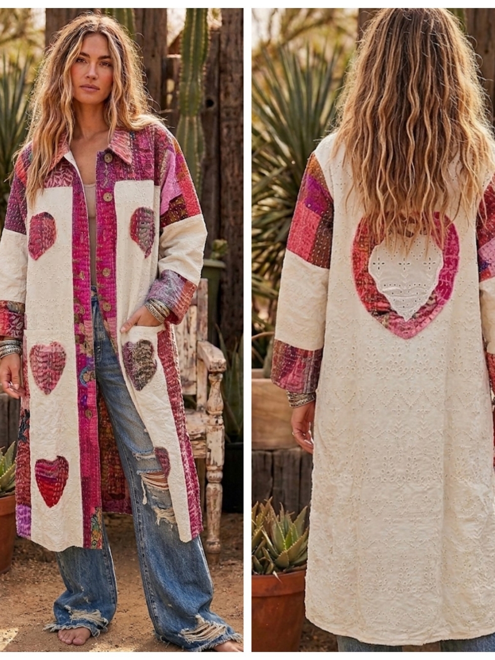 Boho Heart Patchwork Long Coat - Pink & Cream